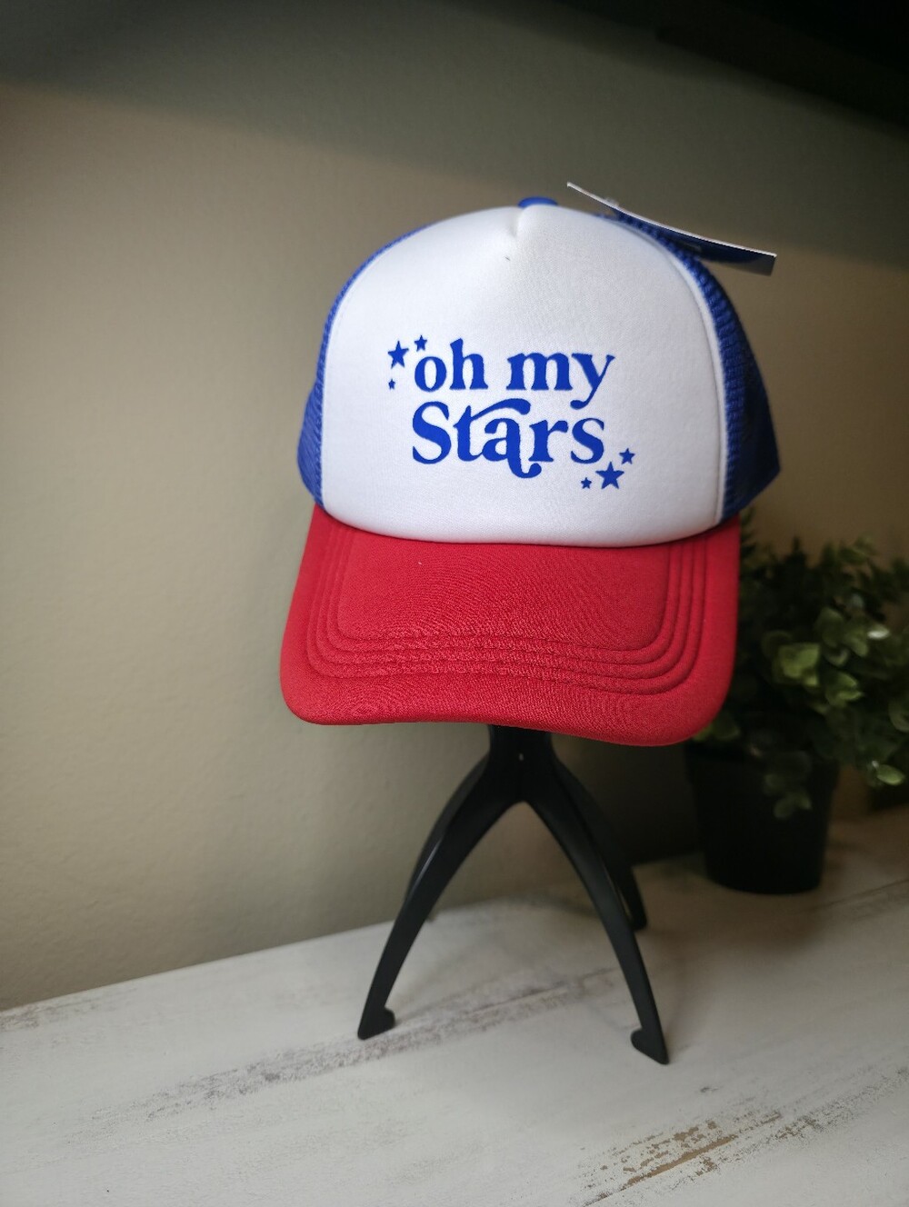 Trucker Cap in Red, White & Blue with 'oh my stars' Print